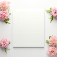 A white canvas surrounded by pink flowers on a white background photo