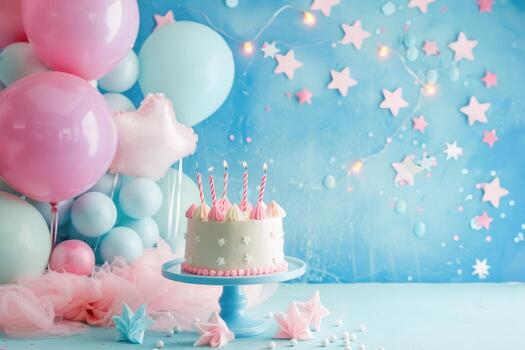 A birthday cake with colorful candles and balloons on a table photo