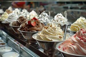 A colorful row of bowls filled with a variety of ice cream flavors photo