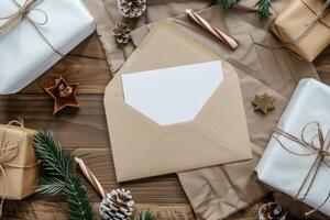 A brown envelope with a white paper is among Christmas presents photo