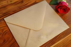 An envelope is currently resting on a wooden table beside a red rose photo