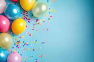 Colorful balloons and sparkling confetti on a bright blue background photo