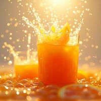 Orange Juice Splashing in Glass with Orange Slice on Top Creating Vibrant Water Droplets photo