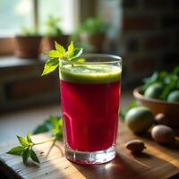 Refreshing Juice Glass with Leaf Garnish on Wooden Board photo