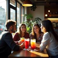 Friends Enjoying Drinks and Conversation at Cafe Table photo