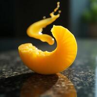 Peach Slice with Splash of Juice on Dark Countertop photo
