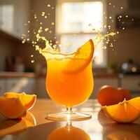 Orange Juice Splashing in Glass with Slice for Refreshment photo