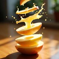 Apple Slices Falling with Juice Splashing in Air on Table photo