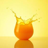 Juice Splashing in Glass Against Yellow Background photo