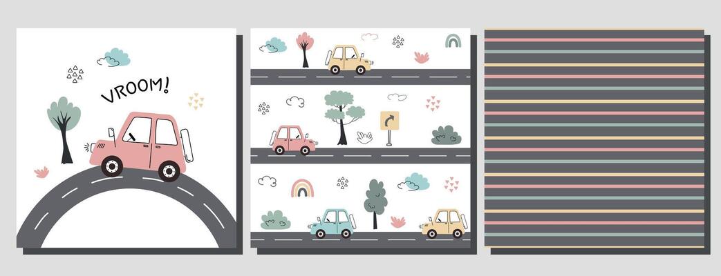 Seamless pattern set featuring pastel cars, roads, trees, signs, and colorful stripes.