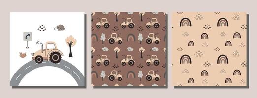 Seamless pattern set featuring tractors, rainbows, trees, and nature elements in beige and brown tones, perfect for kids and nursery designs vector