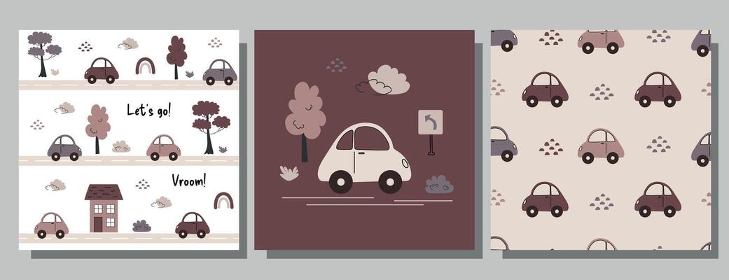 Seamless pattern set with cars, trees, road signs, and clouds in muted beige and purple tones, ideal for kids' designs and nursery decor