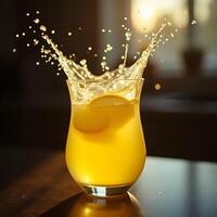 Lemonade Splashing in Glass with Lemon Slice and Bokeh photo