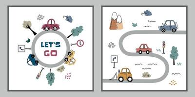Set of Cars on Circular and Curved Roads. Two-panel illustration featuring cute cars on circular and curved roads with traffic signs, trees, clouds, and the phrase Let's Go in a playful design vector
