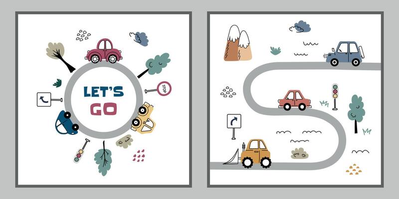 Set of Cars on Circular and Curved Roads. Two-panel illustration featuring cute cars on circular and curved roads with traffic signs, trees, clouds, and the phrase Let's Go in a playful design