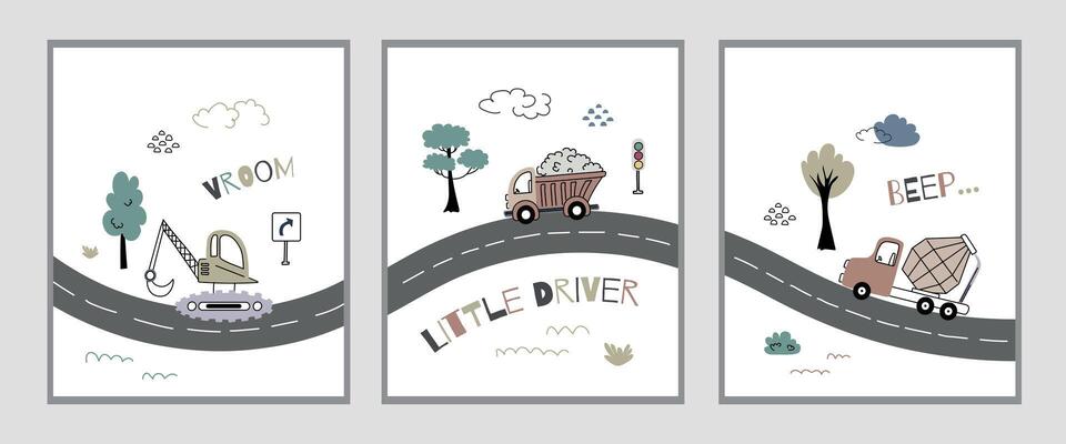 Cute Construction Vehicle Posters for Kids Room. Set of three posters featuring construction trucks on winding roads with playful text, trees, and traffic signs in soft nursery colors
