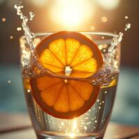 Orange Slice Plunging Into Sparkling Water Glass at Sunset photo