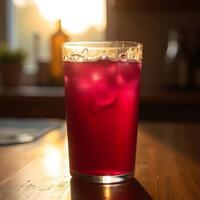 Refreshing Red Drink with Ice on Table, Warm Sunlight photo