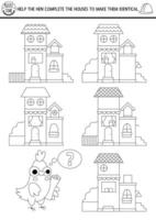 Black and white find differences, logical and drawing game for kids. Construction site educational activity with houses. Complete houses to make them identical printable worksheet, puzzle vector