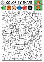 construction site themed color by shape activity with worker holding spatula and brick. Black and white counting game with industrial landscape. Coloring page for kids with builder vector