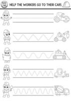 construction site handwriting practice worksheet. Repair works printable black and white activity for kids. Tracing game for writing skills. Coloring page with workers and their industrial vehicles vector