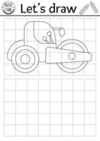 Draw the road roller. construction site drawing practice worksheet with industrial vehicle. Printable black and white activity for kids. Copy or complete the picture coloring page with car vector