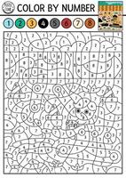 construction site themed color by number activity with excavator and driver digging hole. Black and white counting game with industrial landscape. Coloring page for kids with vehicle vector