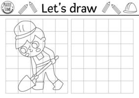 Draw the worker. construction site drawing practice worksheet with builder digging with spade. Printable black and white activity for kids. Copy or complete the picture coloring page vector