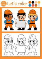 Construction site coloring page for children with builder, engineer, architect. repair works outline illustration. Color book for kids with colored example. Drawing skills printable worksheet vector