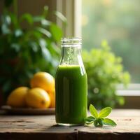 Drinking Green Smoothie with Lemons and Leaf photo