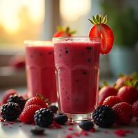 Refreshing Berry Smoothie Drink with Strawberries and Blackberries photo