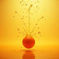 Orange Splashing Into Liquid with Droplets on Yellow Backdrop photo