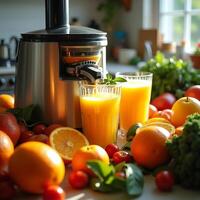 Making Fresh Juice with Juicer and Fruits in Kitchen Setting photo