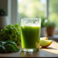 Drinking Green Smoothie with Lettuce and Fruit for Healthy Lifestyle photo