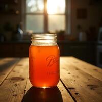 Filling Jar with Amber Liquid on Wooden Table at Sunset photo