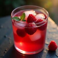 Refreshing Raspberry Drink with Ice and Mint Garnish photo