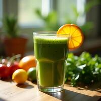 Serving Green Smoothie with Orange Slice and Fresh Vegetables photo