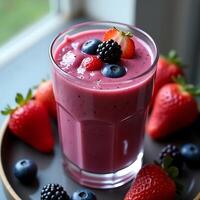 Berry Smoothie with Strawberry, Blueberry and Blackberry Toppings photo