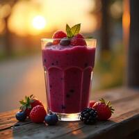Berry Smoothie at Sunset Refreshing Fruit Drink in Glass photo