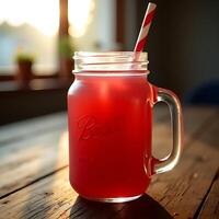 Drinking Refreshing Red Beverage with Straw on Wood Table photo