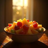 Fruit Salad in Bowl on Wooden Table with Window Light photo