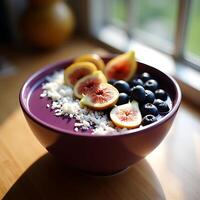 Purple Smoothie Bowl Topped with Fresh Figs and Blueberries photo