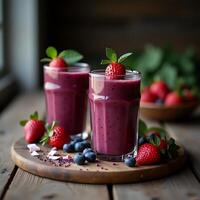 Berry Smoothie Glasses with Strawberries and Blueberries photo