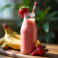 Strawberry Smoothie with Banana on Wooden Board in Natural Light photo