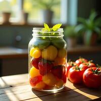 Arranging Colorful Fruits and Vegetables in a Jar on Wood Table photo
