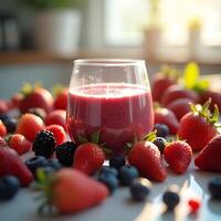 Serving Berry Smoothie Surrounded by Fresh Fruit photo