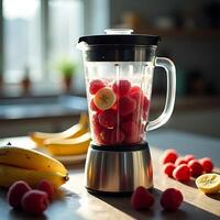 Making Smoothie with Raspberries and Banana in Blender photo