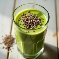 Green Smoothie in Glass with Seeds on Wooden Table photo