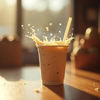 Milkshake Splashing in Cup with Straw on Table photo