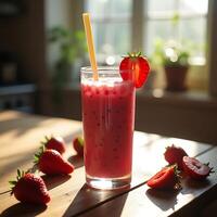 Enjoying Fresh Strawberry Smoothie with Fruit and Straw photo